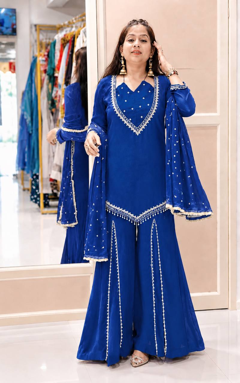 Zarelle Noor Designer Heavy Roman Glass Mirror Work Palazzo Suit Set with Chanderi Silk Moti Dupatta