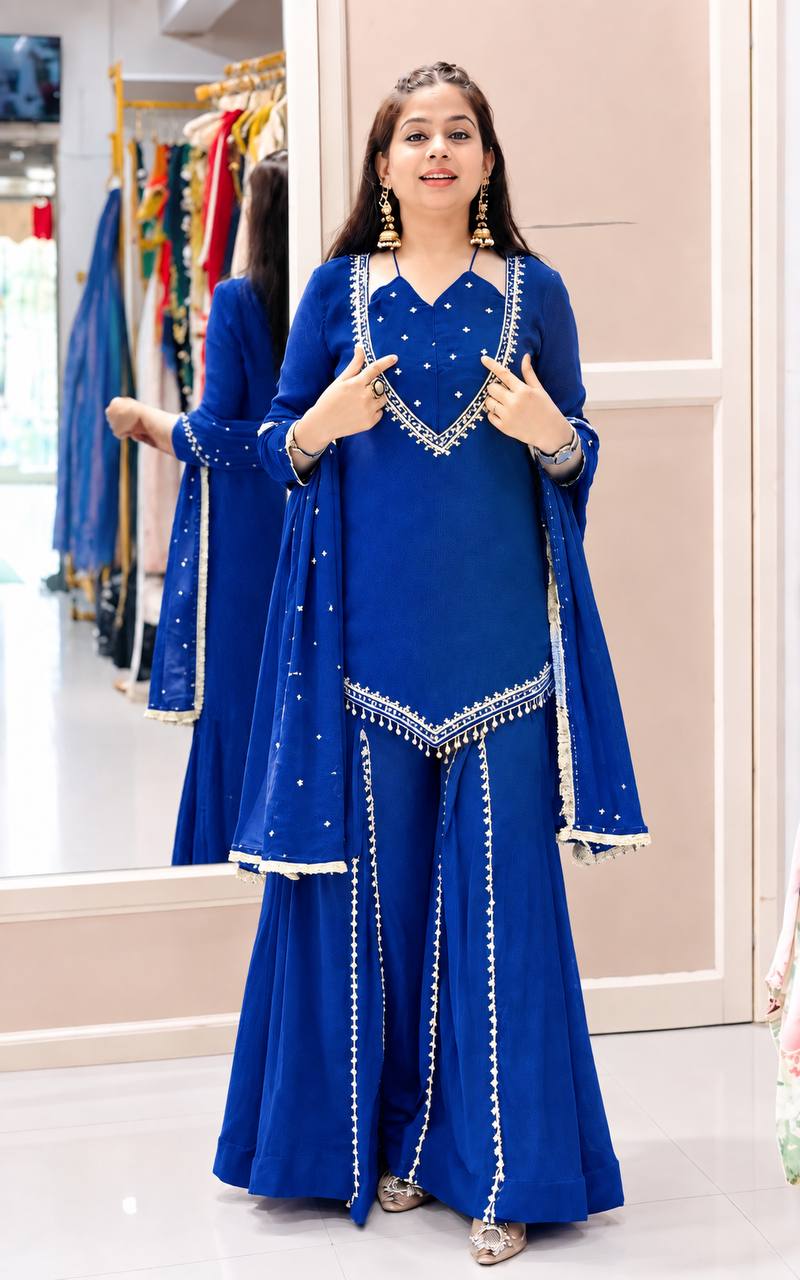 Zarelle Noor Designer Heavy Roman Glass Mirror Work Palazzo Suit Set with Chanderi Silk Moti Dupatta