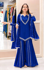 Zarelle Noor Designer Heavy Roman Glass Mirror Work Palazzo Suit Set with Chanderi Silk Moti Dupatta