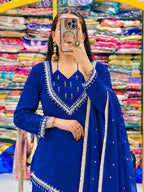 Zarelle Noor Designer Heavy Roman Glass Mirror Work Palazzo Suit Set with Chanderi Silk Moti Dupatta
