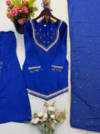 Zarelle Noor Designer Heavy Roman Glass Mirror Work Palazzo Suit Set with Chanderi Silk Moti Dupatta