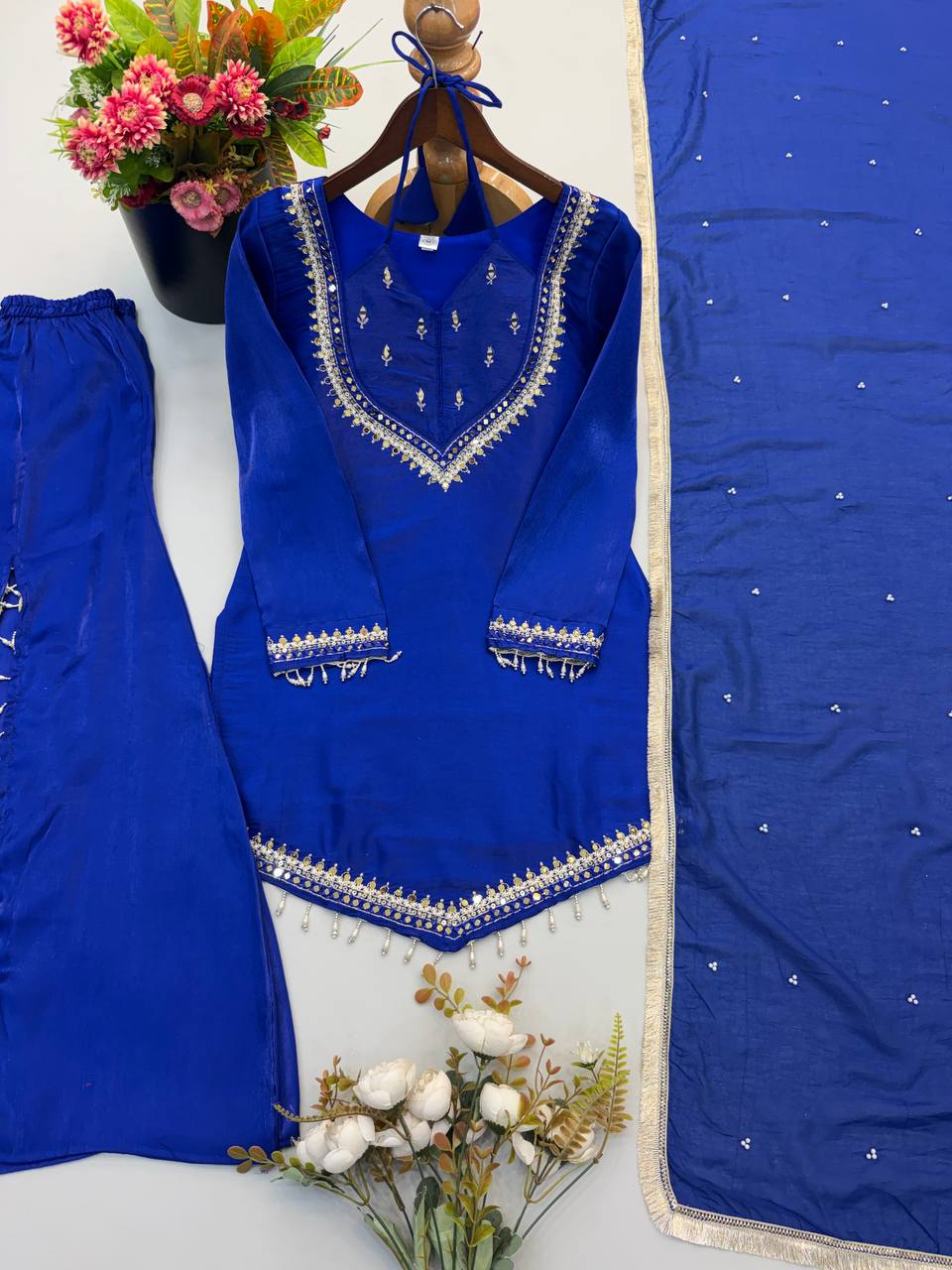 Zarelle Noor Designer Heavy Roman Glass Mirror Work Palazzo Suit Set with Chanderi Silk Moti Dupatta