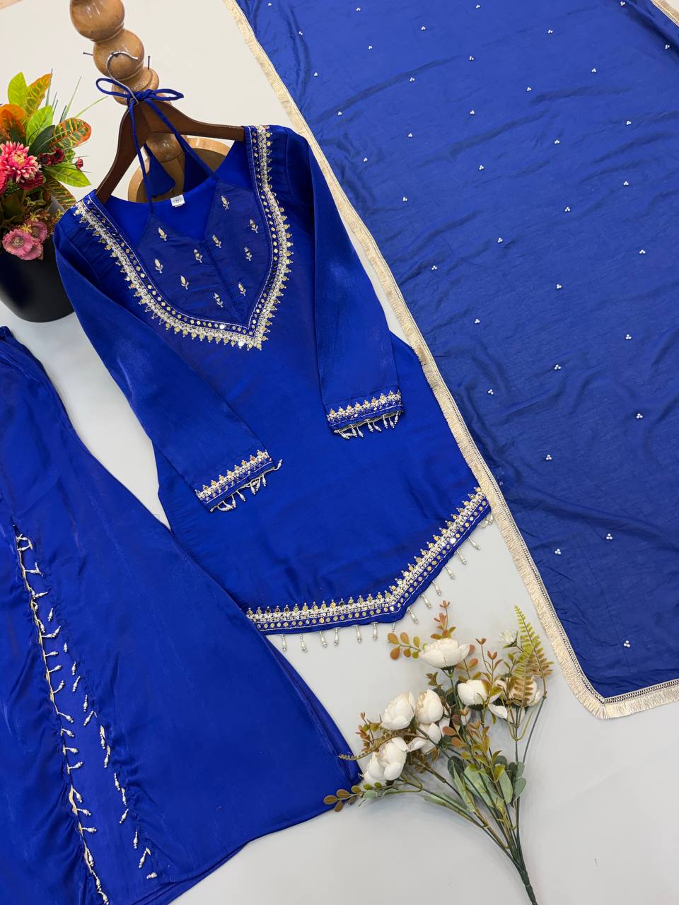 Zarelle Noor Designer Heavy Roman Glass Mirror Work Palazzo Suit Set with Chanderi Silk Moti Dupatta