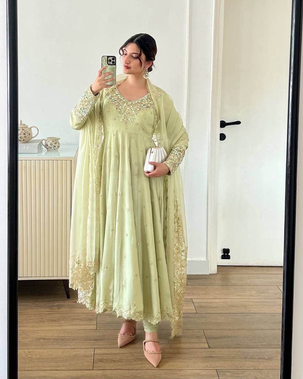 Pistachio Green Georgette Anarkali with Embroidery & Moti Work for Festivals