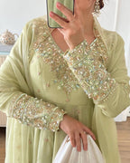 Pistachio Green Georgette Anarkali with Embroidery & Moti Work for Festivals