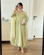 Pistachio Green Georgette Anarkali with Embroidery & Moti Work for Festivals