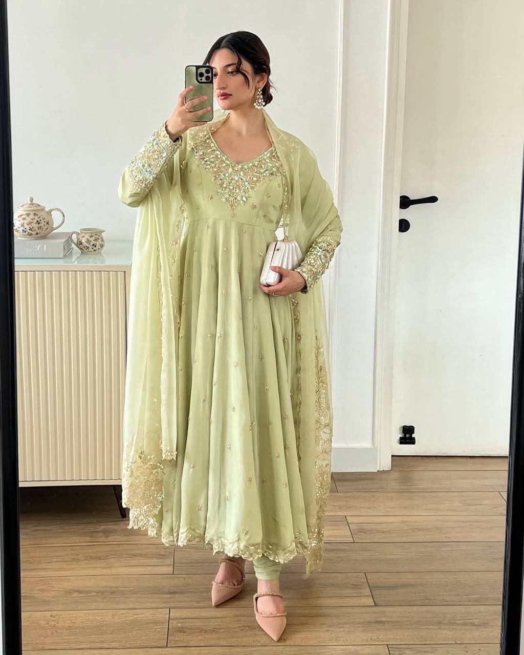 Pistachio Green Georgette Anarkali with Embroidery & Moti Work for Festivals