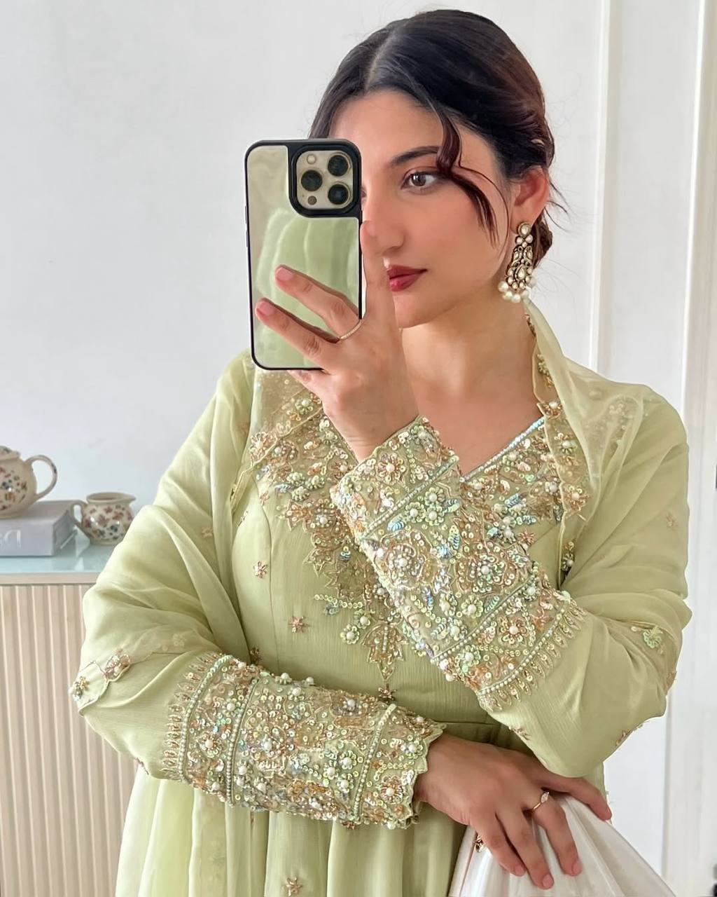 Pistachio Green Georgette Anarkali with Embroidery & Moti Work for Festivals