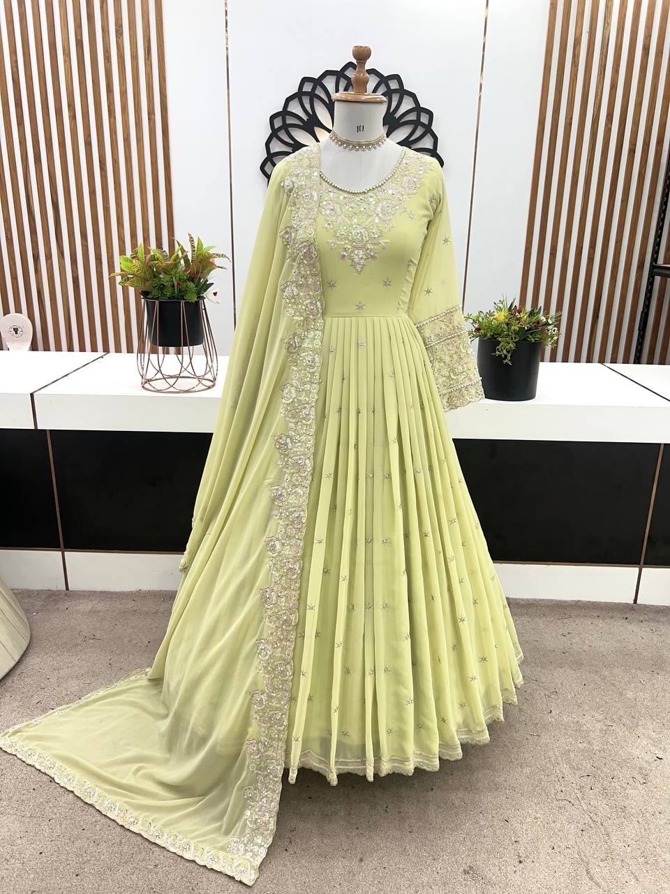 Pistachio Green Georgette Anarkali with Embroidery & Moti Work for Festivals