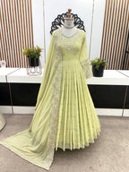Pistachio Green Georgette Anarkali with Embroidery & Moti Work for Festivals