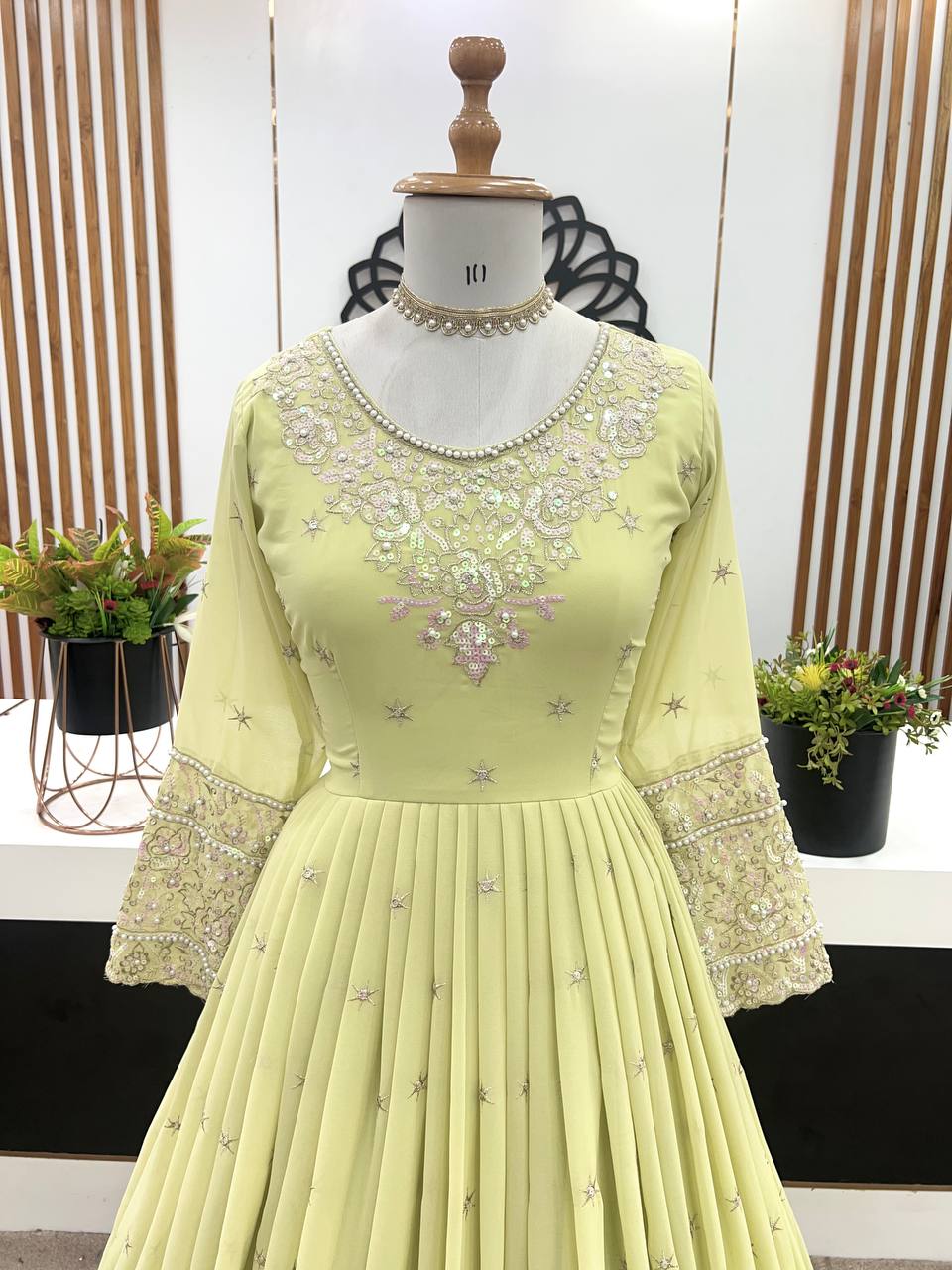Pistachio Green Georgette Anarkali with Embroidery & Moti Work for Festivals