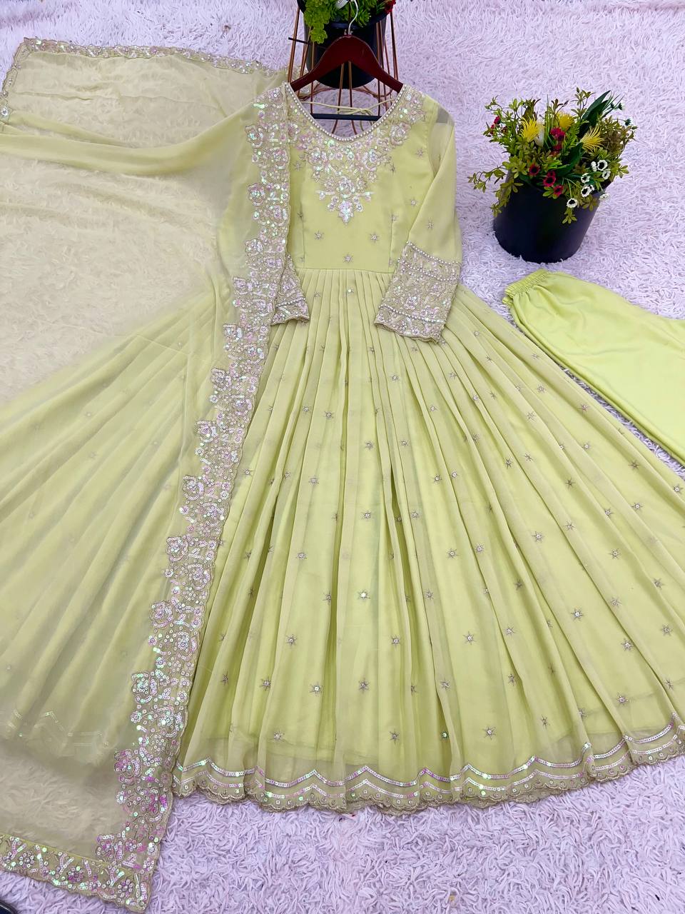 Pistachio Green Georgette Anarkali with Embroidery & Moti Work for Festivals