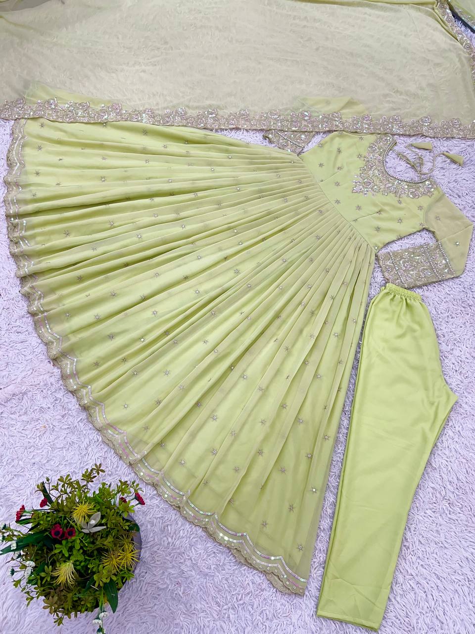 Pistachio Green Georgette Anarkali with Embroidery & Moti Work for Festivals