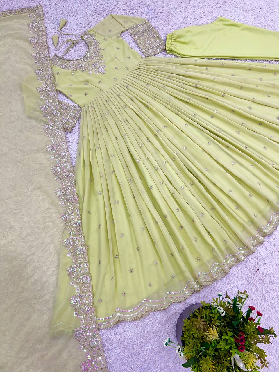 Pistachio Green Georgette Anarkali with Embroidery & Moti Work for Festivals