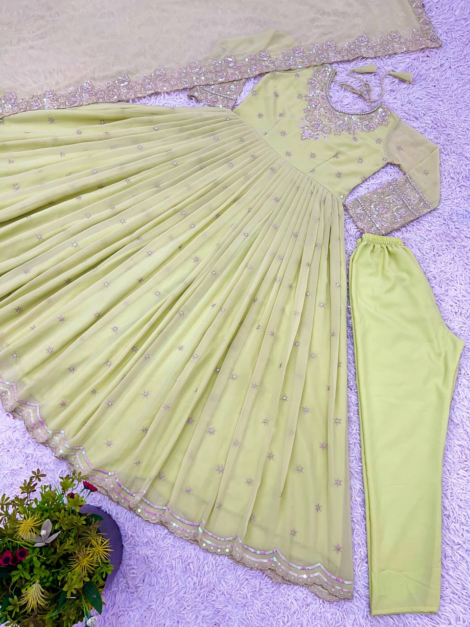 Pistachio Green Georgette Anarkali with Embroidery & Moti Work for Festivals