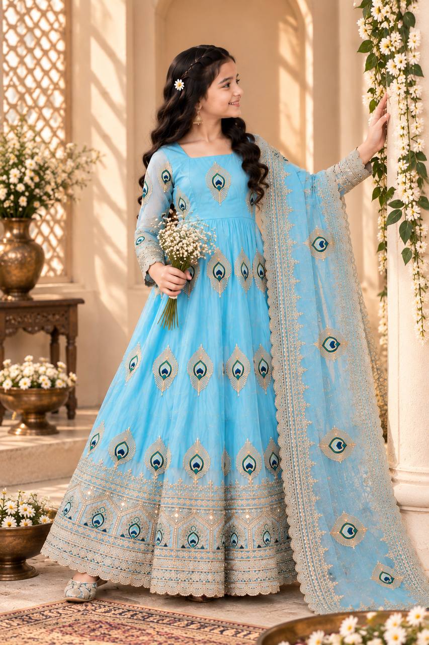Aaradhya Fendy Silk Sequins Embroidered Child Gown Set with Pant & Dupatta