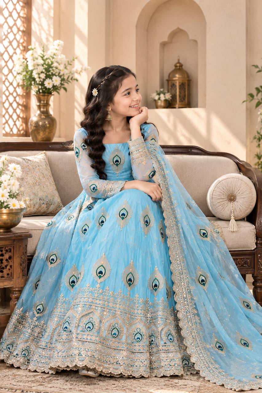 Aaradhya Fendy Silk Sequins Embroidered Child Gown Set with Pant & Dupatta