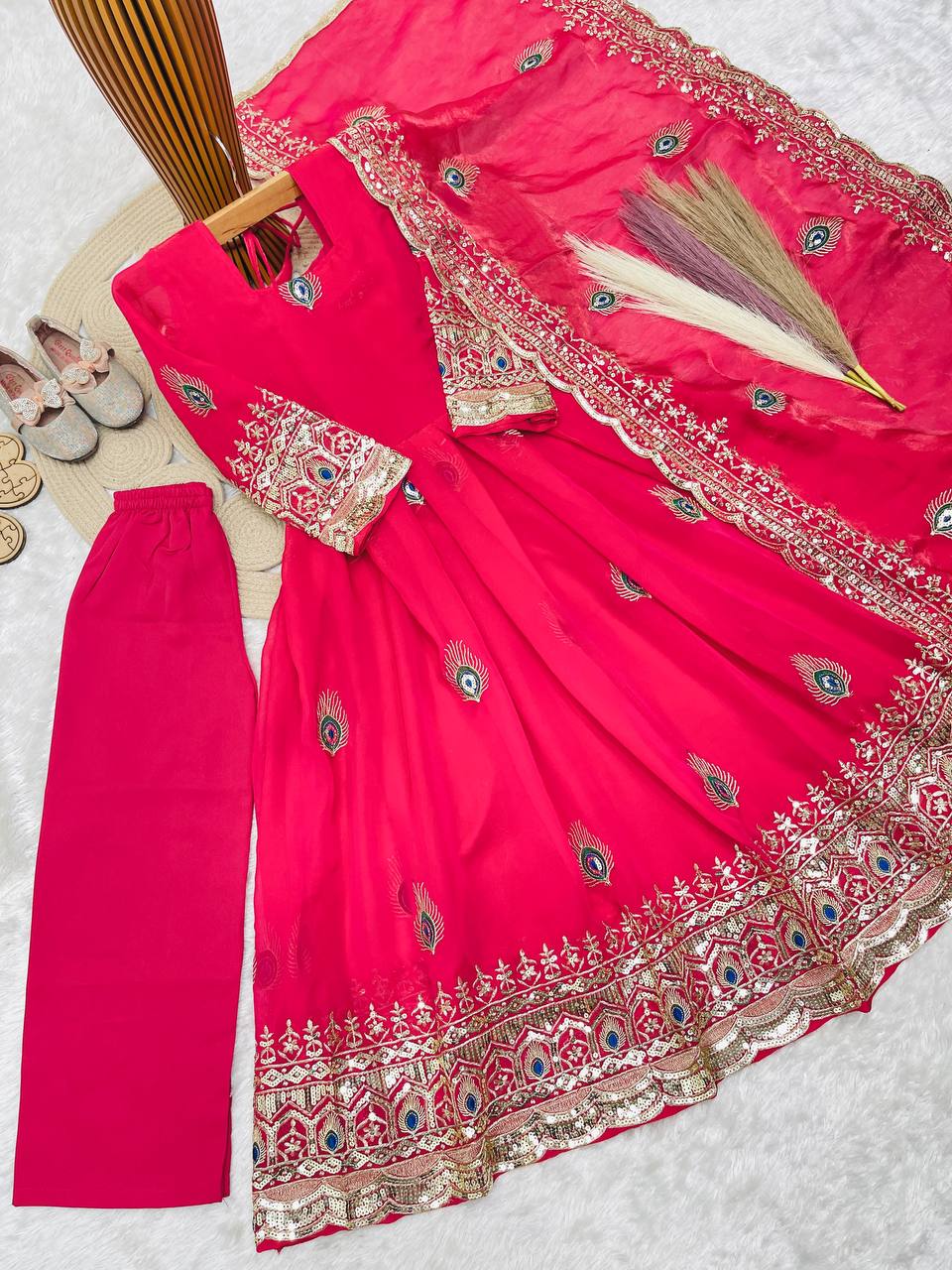 Aaradhya Fendy Silk Sequins Embroidered Child Gown Set with Pant & Dupatta