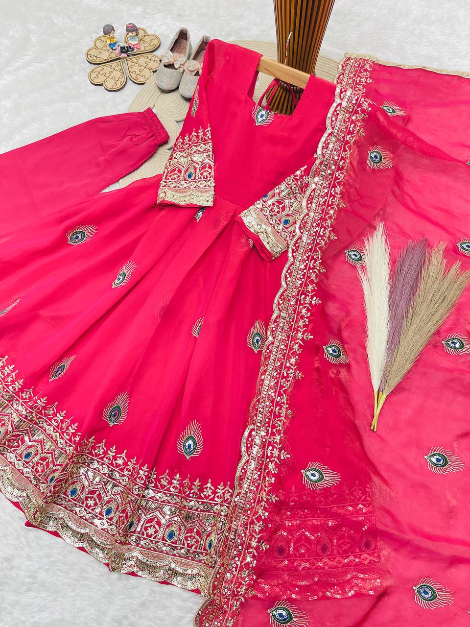 Aaradhya Fendy Silk Sequins Embroidered Child Gown Set with Pant & Dupatta