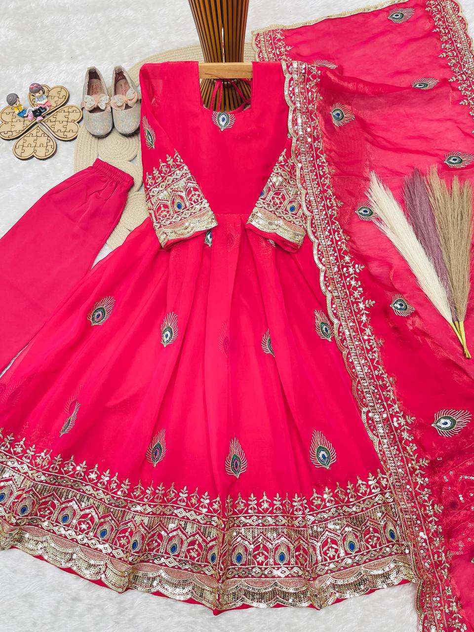 Aaradhya Fendy Silk Sequins Embroidered Child Gown Set with Pant & Dupatta