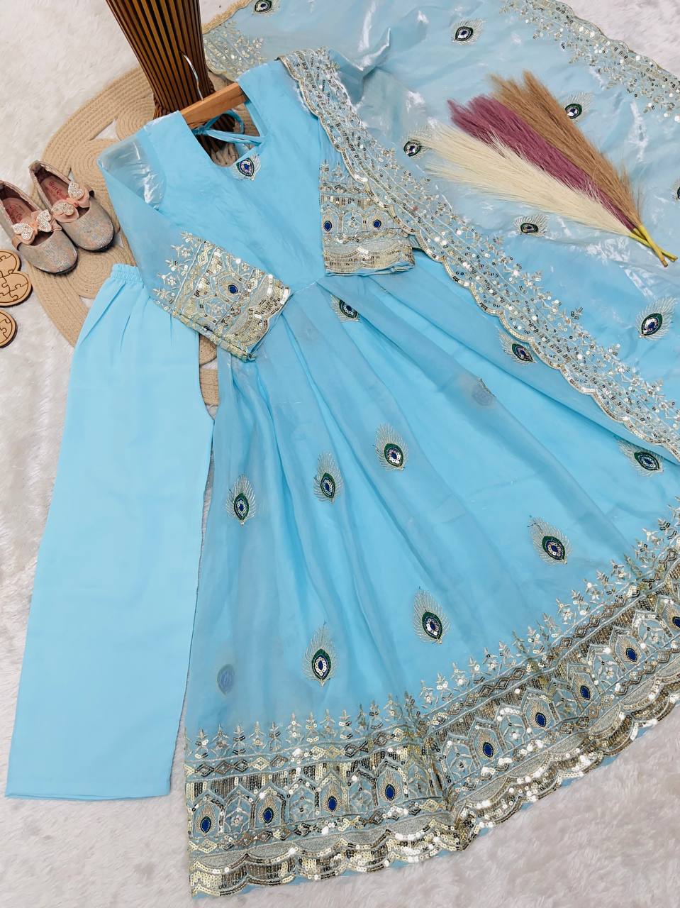 Aaradhya Fendy Silk Sequins Embroidered Child Gown Set with Pant & Dupatta