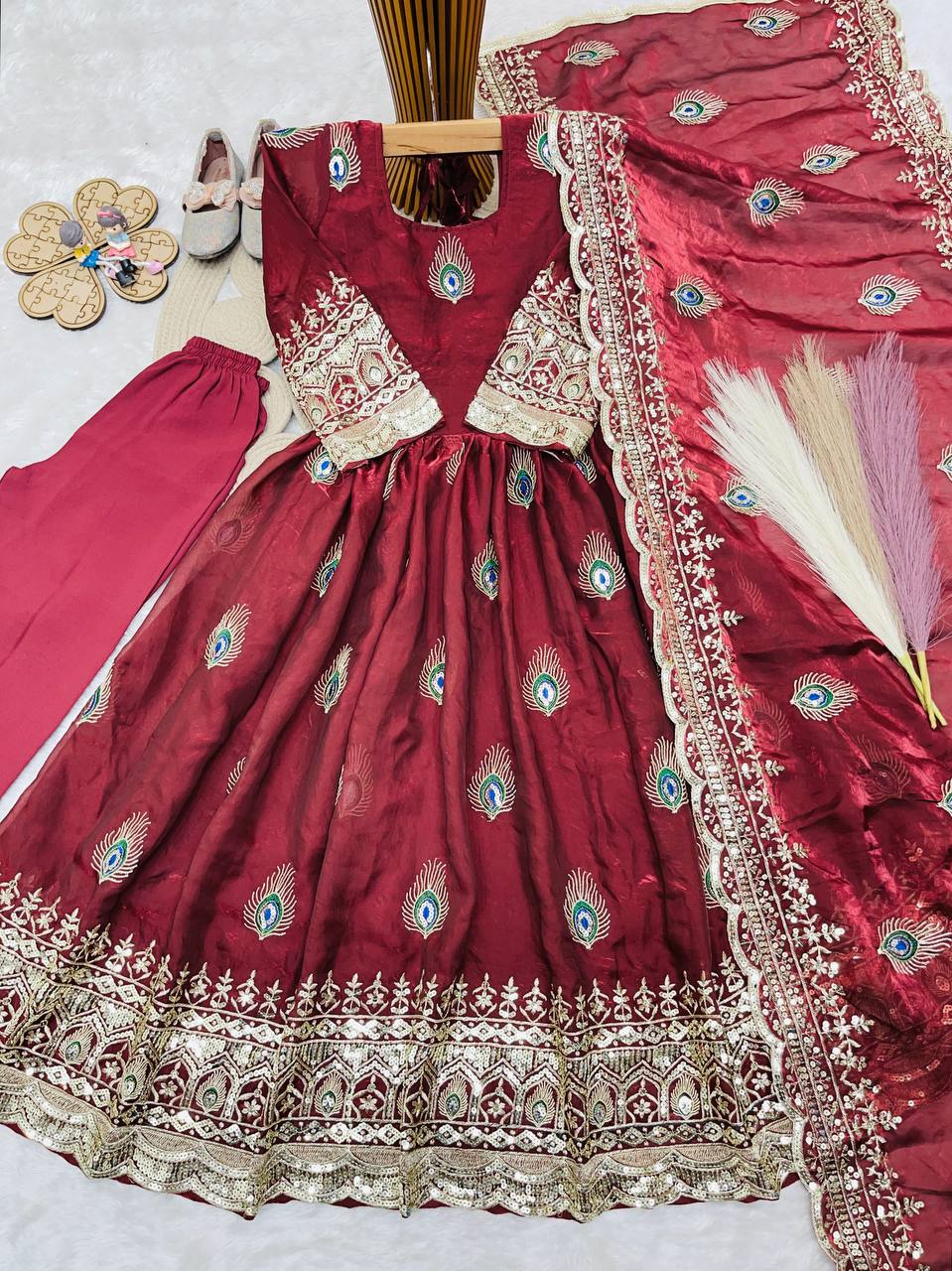 Aaradhya Fendy Silk Sequins Embroidered Child Gown Set with Pant & Dupatta