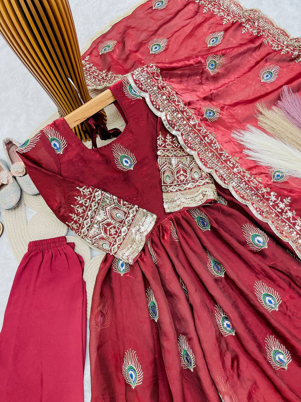 Aaradhya Fendy Silk Sequins Embroidered Child Gown Set with Pant & Dupatta