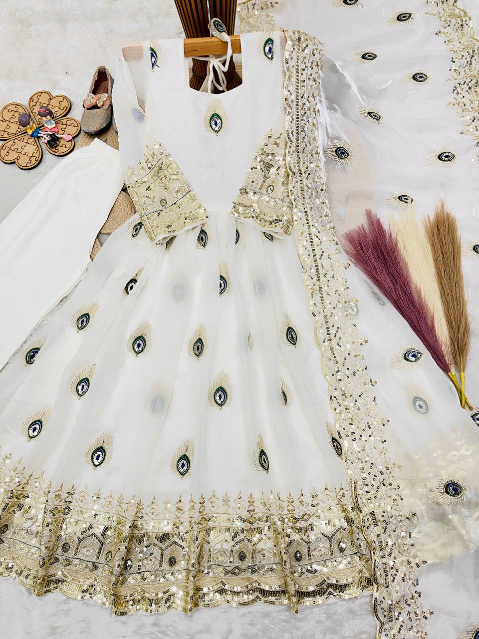 Aaradhya Fendy Silk Sequins Embroidered Child Gown Set with Pant & Dupatta