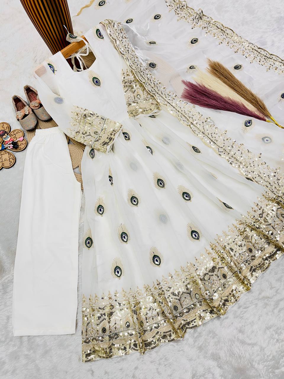 Aaradhya Fendy Silk Sequins Embroidered Child Gown Set with Pant & Dupatta