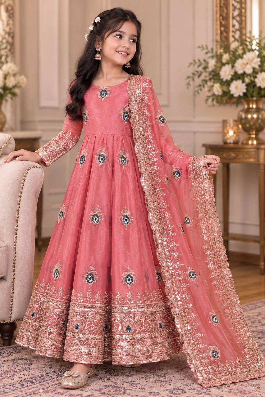 Aaradhya Fendy Silk Sequins Embroidered Child Gown Set with Pant & Dupatta