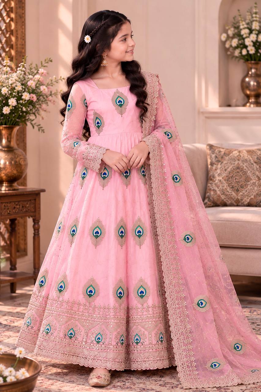 Aaradhya Fendy Silk Sequins Embroidered Child Gown Set with Pant & Dupatta