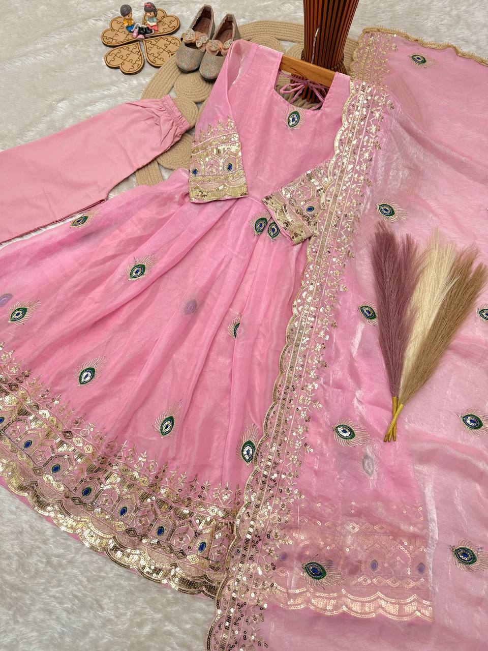 Aaradhya Fendy Silk Sequins Embroidered Child Gown Set with Pant & Dupatta