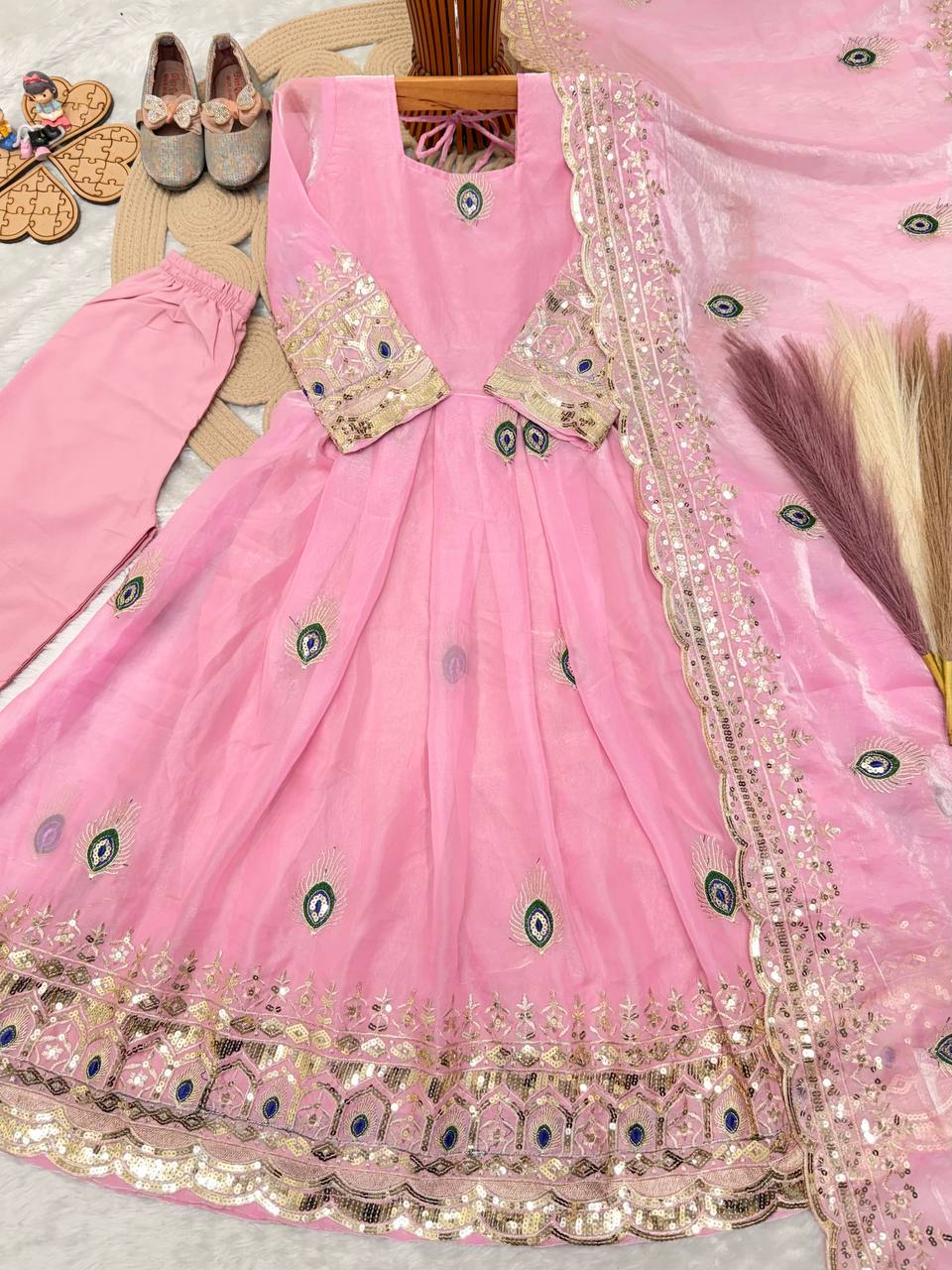 Aaradhya Fendy Silk Sequins Embroidered Child Gown Set with Pant & Dupatta