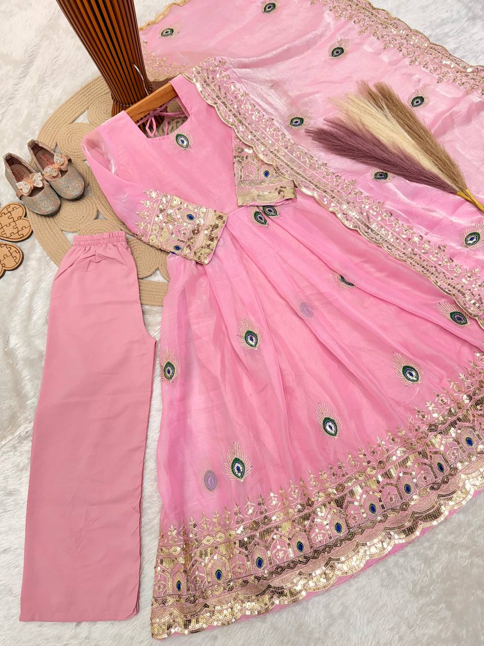 Aaradhya Fendy Silk Sequins Embroidered Child Gown Set with Pant & Dupatta