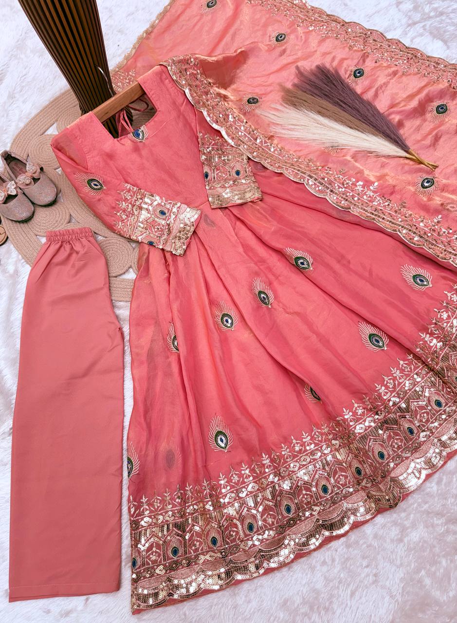 Aaradhya Fendy Silk Sequins Embroidered Child Gown Set with Pant & Dupatta