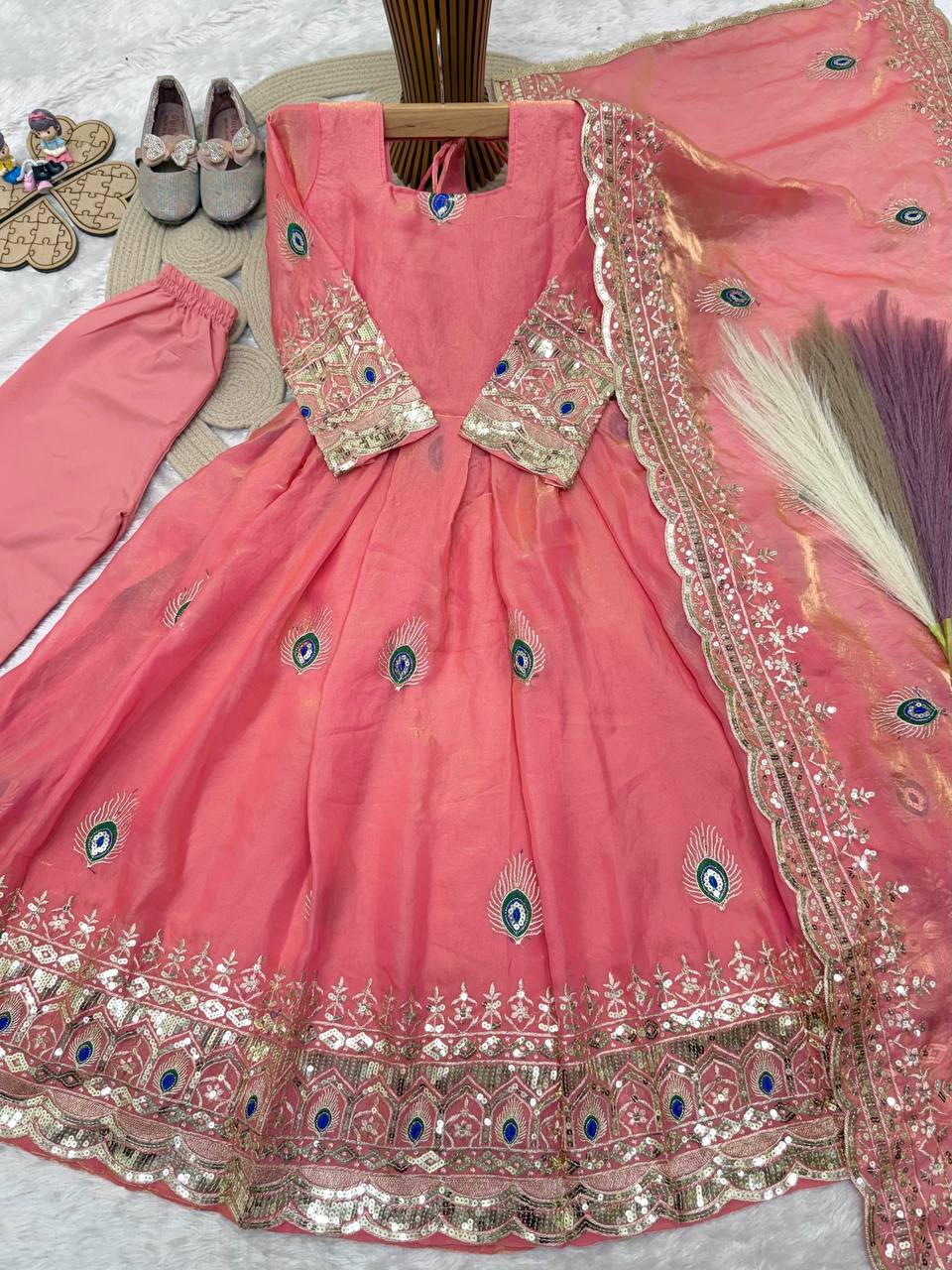Aaradhya Fendy Silk Sequins Embroidered Child Gown Set with Pant & Dupatta