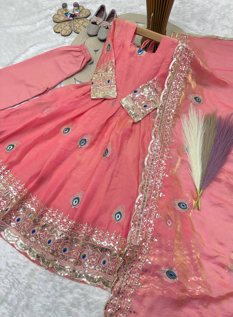 Aaradhya Fendy Silk Sequins Embroidered Child Gown Set with Pant & Dupatta