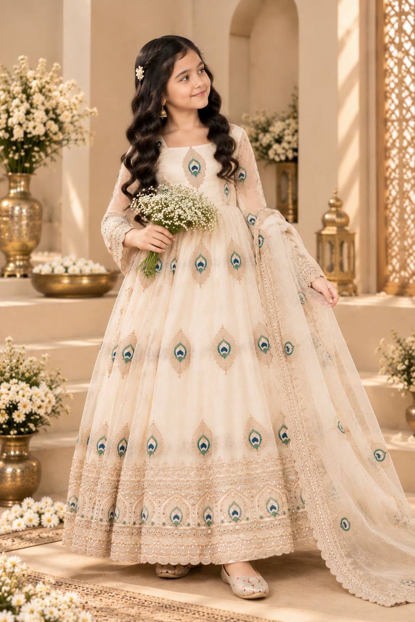 Aaradhya Fendy Silk Sequins Embroidered Child Gown Set with Pant & Dupatta