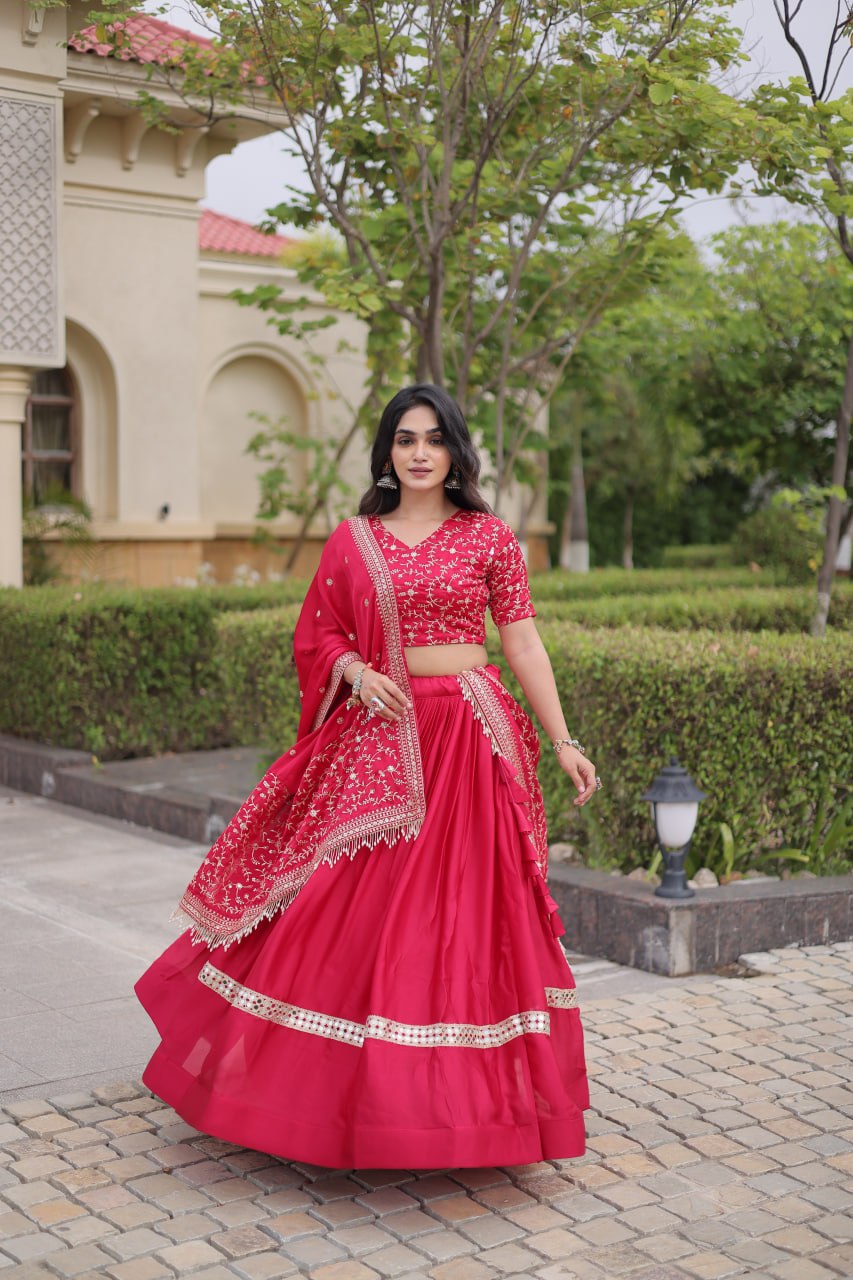 Satin Lehenga Choli with Zari Sequin Embroidery & Designer Dupatta, Wedding Wear