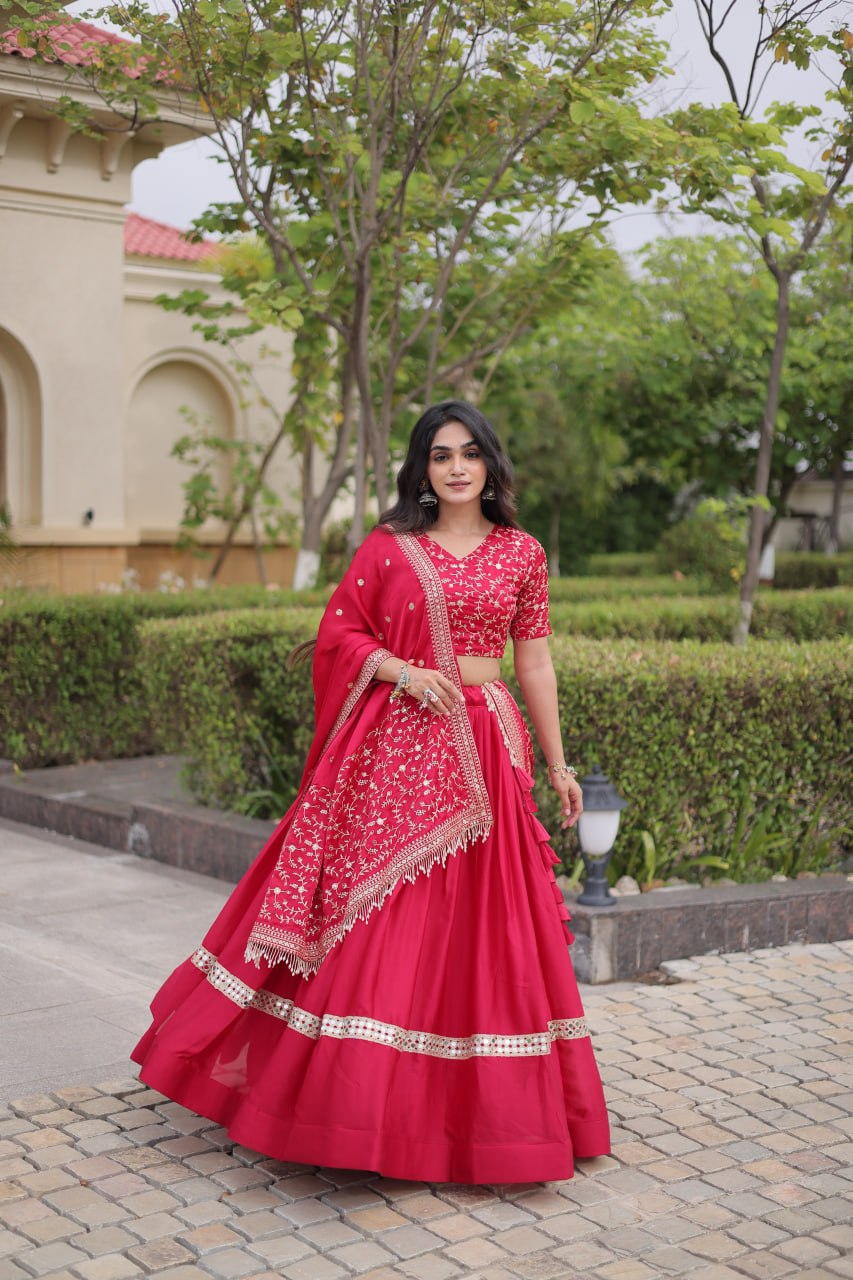 Satin Lehenga Choli with Zari Sequin Embroidery & Designer Dupatta, Wedding Wear