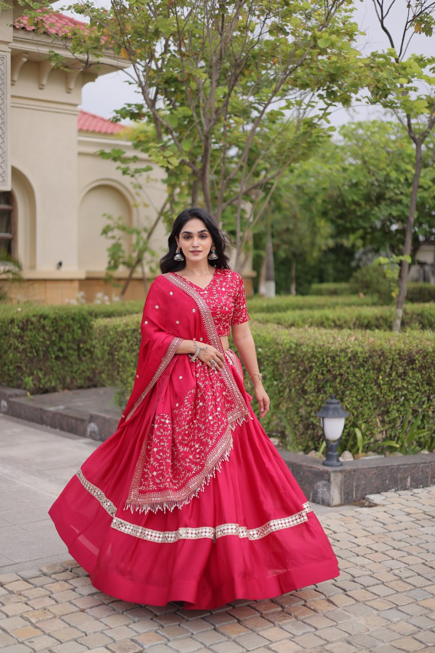 Satin Lehenga Choli with Zari Sequin Embroidery & Designer Dupatta, Wedding Wear