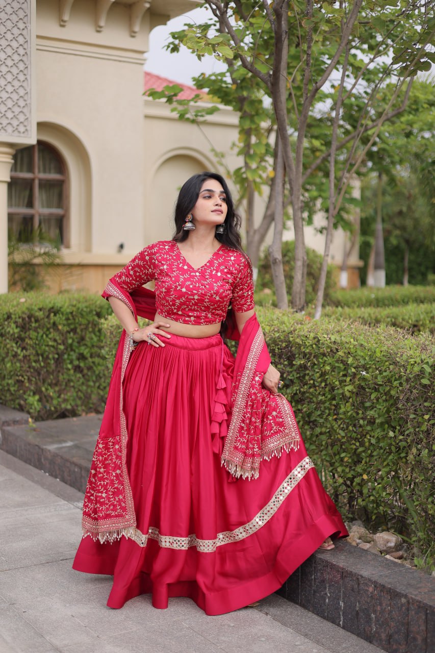 Satin Lehenga Choli with Zari Sequin Embroidery & Designer Dupatta, Wedding Wear