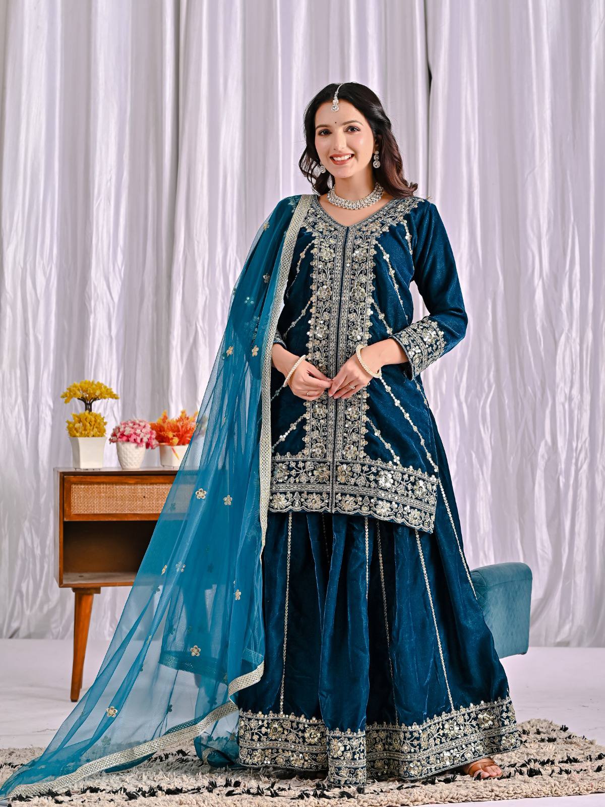Mehrnoor Heavy Velvet Embroidered Sharara Palazzo Suit with Butterfly Net Dupatta