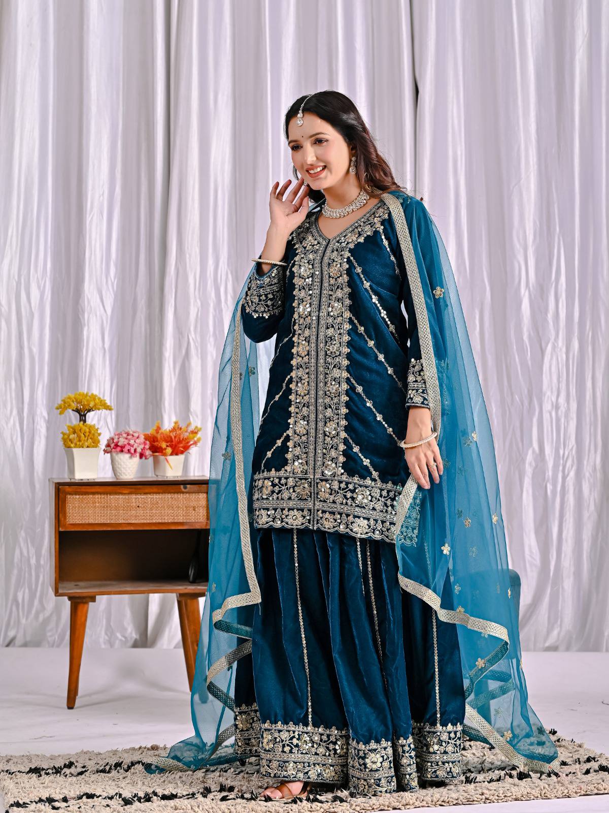 Mehrnoor Heavy Velvet Embroidered Sharara Palazzo Suit with Butterfly Net Dupatta