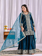 Mehrnoor Heavy Velvet Embroidered Sharara Palazzo Suit with Butterfly Net Dupatta
