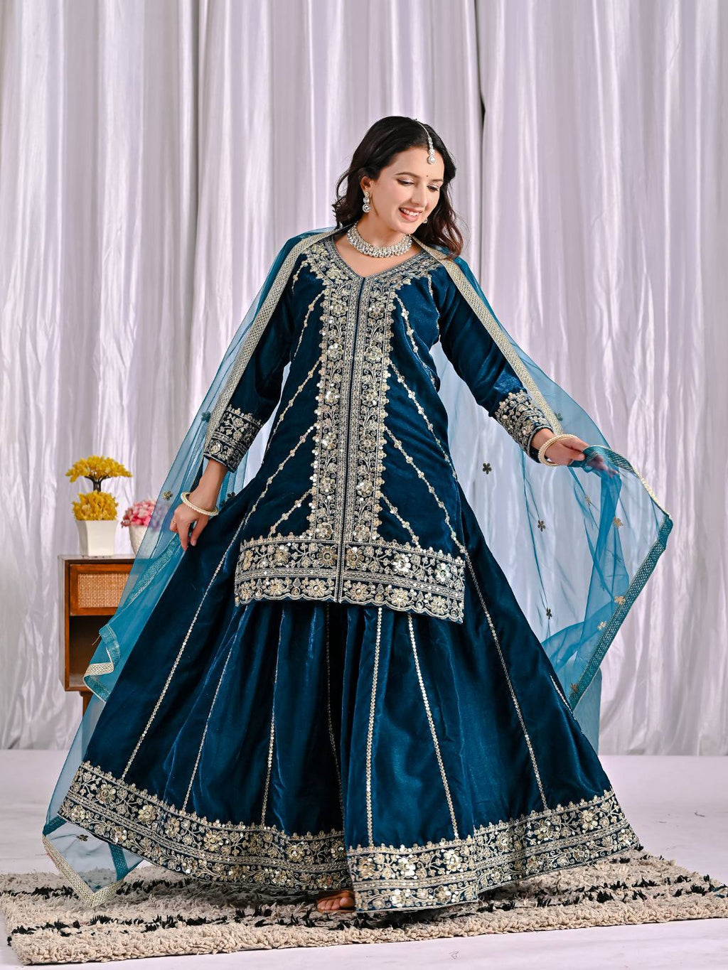 Mehrnoor Heavy Velvet Embroidered Sharara Palazzo Suit with Butterfly Net Dupatta