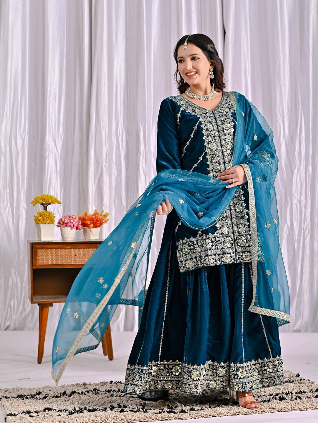Mehrnoor Heavy Velvet Embroidered Sharara Palazzo Suit with Butterfly Net Dupatta