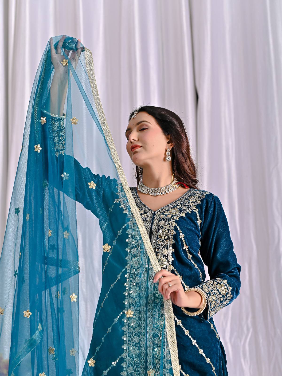 Mehrnoor Heavy Velvet Embroidered Sharara Palazzo Suit with Butterfly Net Dupatta