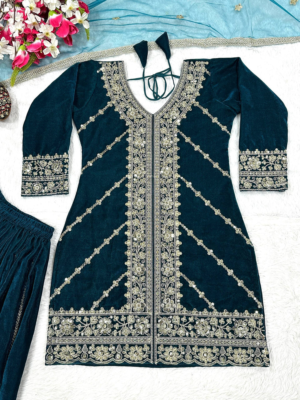 Mehrnoor Heavy Velvet Embroidered Sharara Palazzo Suit with Butterfly Net Dupatta
