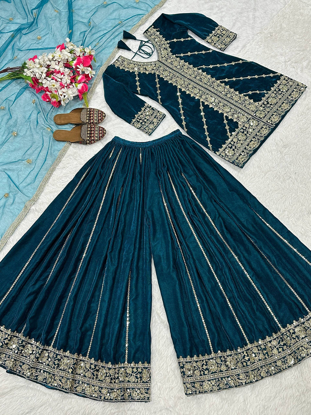 Mehrnoor Heavy Velvet Embroidered Sharara Palazzo Suit with Butterfly Net Dupatta